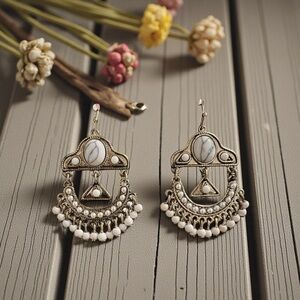 Gold and White Multi/Marble Dangle Earrings